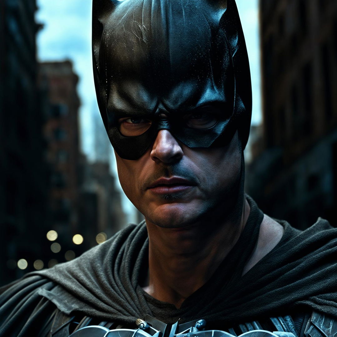 High resolution Vogue editorial-style close-up portrait of Brad Pitt as Batman (Christopher Nolan version) without mask, against an eerie city backdrop animated with a sense of hopelessness. The light from the Bat signal accentuates his rugged features.