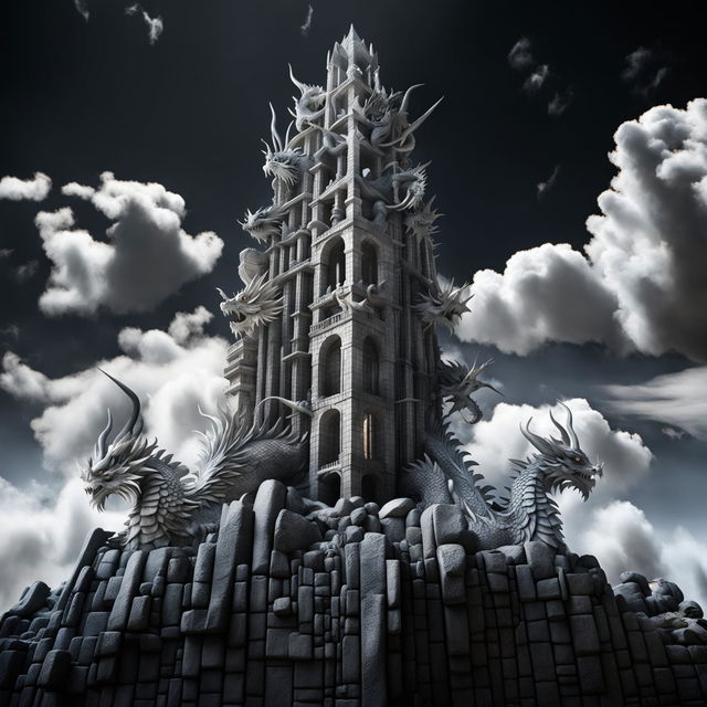 Dragons are perched on the walls of a skyscraper, an architectural masterpiece made of black and white pebbles, set against a vast, empty landscape with mysterious low clouds.