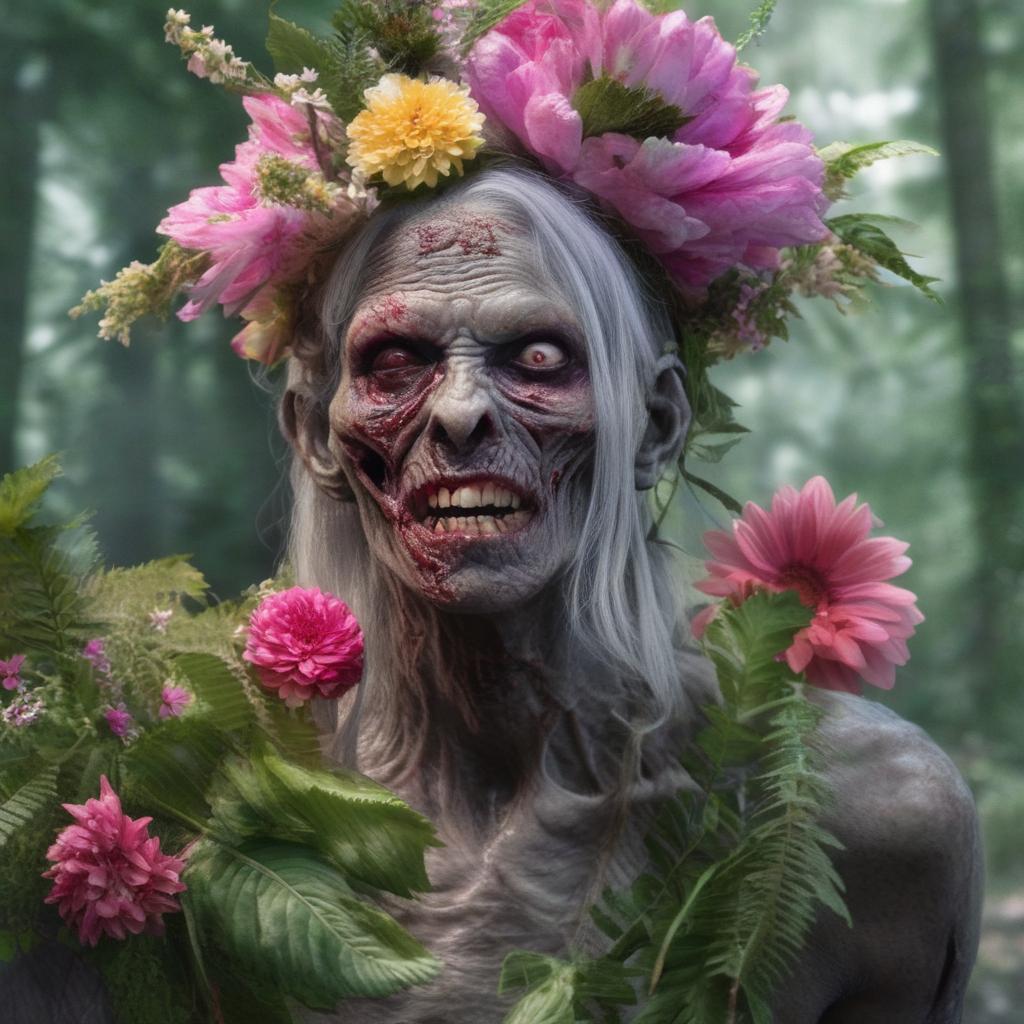 A hyper-realistic, candid image of a grey-skinned zombie wearing a flower headpiece, with a flower dramatically growing from its eye socket, positioned within a dense forest.