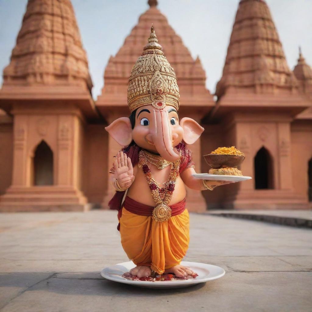 Design a unique mascot influenced by the architecture of Varanasi temples, equipped with architectural elements such as domes or spires. The mascot is also holding a plate of delicious food, demonstrating the restaurant's dedication to heavenly flavors.