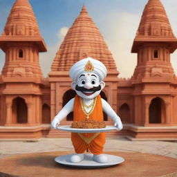 Design a unique mascot influenced by the architecture of Varanasi temples, equipped with architectural elements such as domes or spires. The mascot is also holding a plate of delicious food, demonstrating the restaurant's dedication to heavenly flavors.