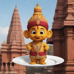 Design a unique mascot influenced by the architecture of Varanasi temples, equipped with architectural elements such as domes or spires. The mascot is also holding a plate of delicious food, demonstrating the restaurant's dedication to heavenly flavors.