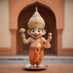 Design a unique mascot influenced by the architecture of Varanasi temples, equipped with architectural elements such as domes or spires. The mascot is also holding a plate of delicious food, demonstrating the restaurant's dedication to heavenly flavors.