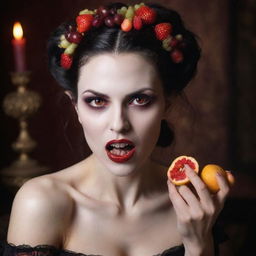 A petrifying yet beautiful vampire woman with radiant red eyes, elegantly eating an assortment of exotic, rare fruits.