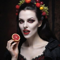 A petrifying yet beautiful vampire woman with radiant red eyes, elegantly eating an assortment of exotic, rare fruits.