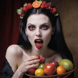 A petrifying yet beautiful vampire woman with radiant red eyes, elegantly eating an assortment of exotic, rare fruits.