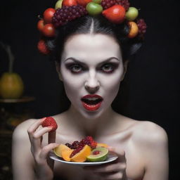 A petrifying yet beautiful vampire woman with radiant red eyes, elegantly eating an assortment of exotic, rare fruits.