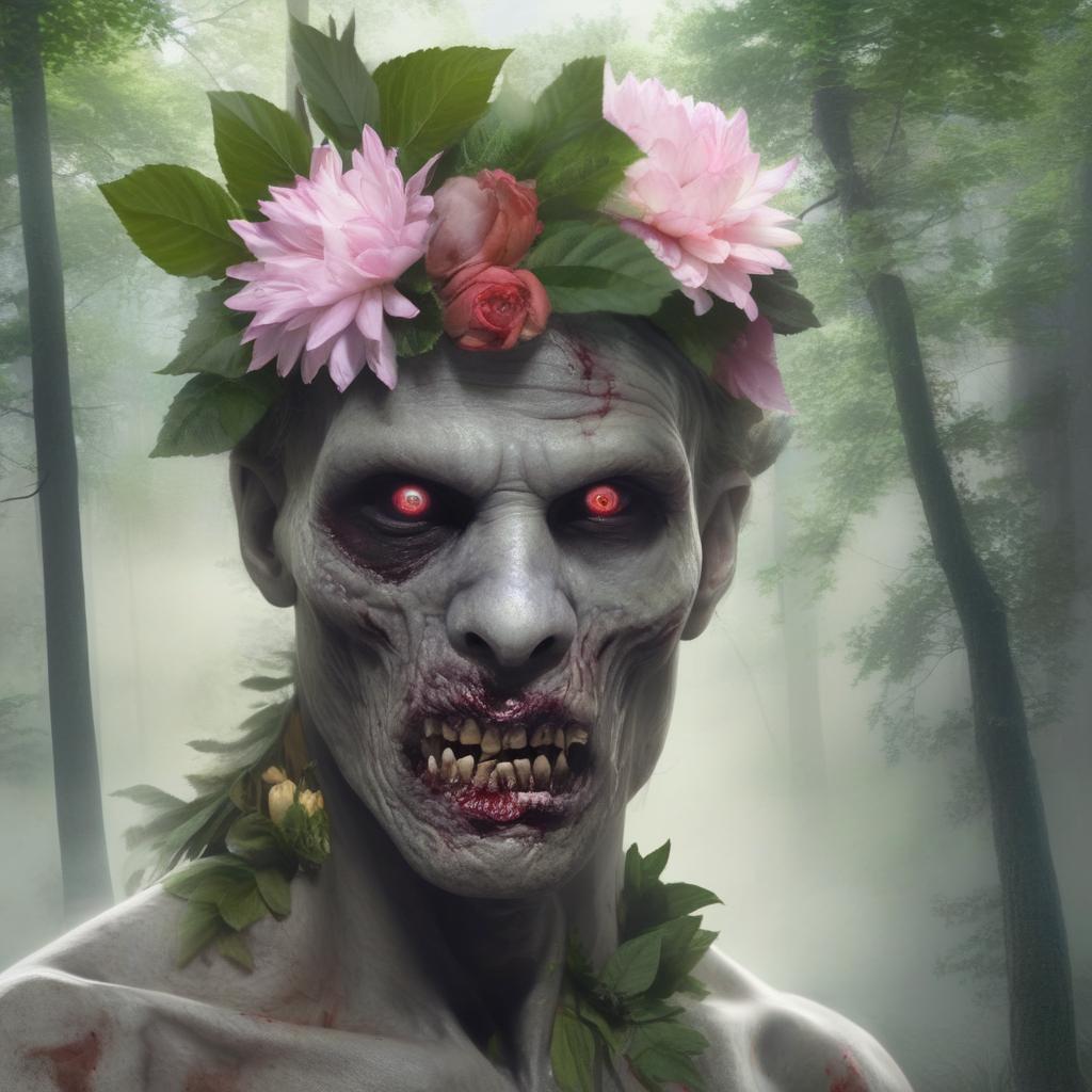 A placid, hyper-realistic image of a grey-skinned zombie with a flower headpiece and flower in one eye-socket, the other eye cloudy, in the quiet serenity of a forest.