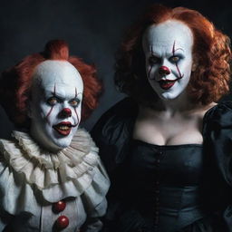 Chilling depiction of Pennywise the Clown side by side with a glamorous vampire woman, both displaying an unsettling, eerie charisma.