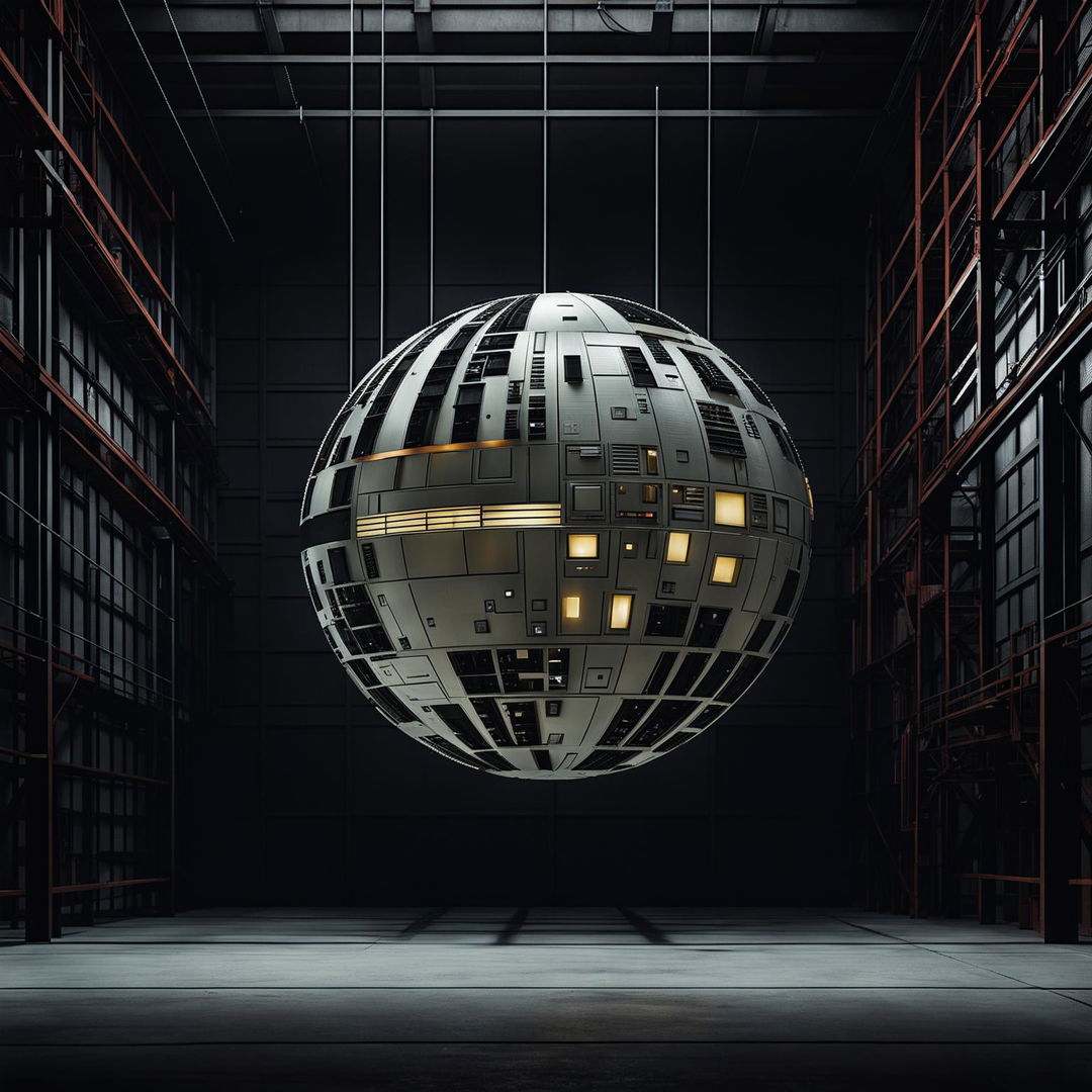 Intricate 3D Japanese style sculpture of a Death Star, suspended in a minimalist, industrial-style warehouse, illuminated with a black glow.