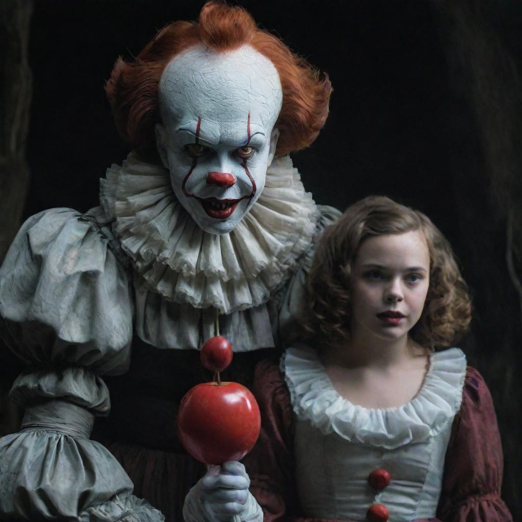 A spine-chilling portrayal of Pennywise the Clown standing alongside Diana, an enigmatic vampire girl, creating a paradox of fear and beauty.