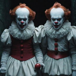 A spine-chilling portrayal of Pennywise the Clown standing alongside Diana, an enigmatic vampire girl, creating a paradox of fear and beauty.