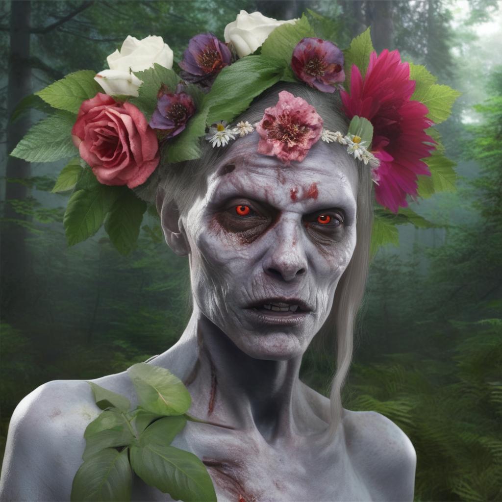 A placid, hyper-realistic image of a grey-skinned zombie with a flower headpiece and flower in one eye-socket, the other eye cloudy, in the quiet serenity of a forest.