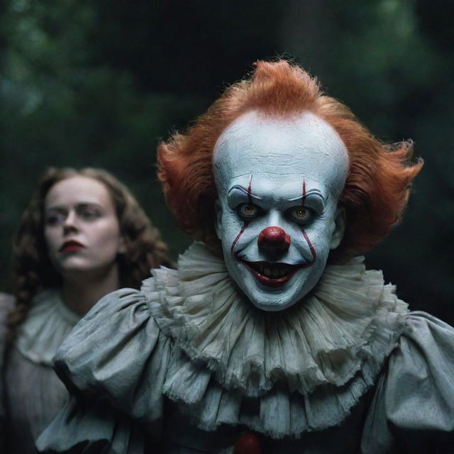 A spine-chilling portrayal of Pennywise the Clown standing alongside Diana, an enigmatic vampire girl, creating a paradox of fear and beauty.