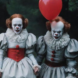 A spine-chilling portrayal of Pennywise the Clown standing alongside Diana, an enigmatic vampire girl, creating a paradox of fear and beauty.