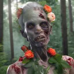 A placid, hyper-realistic image of a grey-skinned zombie with a flower headpiece and flower in one eye-socket, the other eye cloudy, in the quiet serenity of a forest.