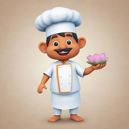 Create a friendly mascot inspired by the Ganges River. It should have elements of flowing water, lotus flowers, and a chef's hat, symbolizing culinary expertise. The mascot should wear traditional Indian attire and have a welcoming smile.