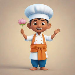 Create a friendly mascot inspired by the Ganges River. It should have elements of flowing water, lotus flowers, and a chef's hat, symbolizing culinary expertise. The mascot should wear traditional Indian attire and have a welcoming smile.