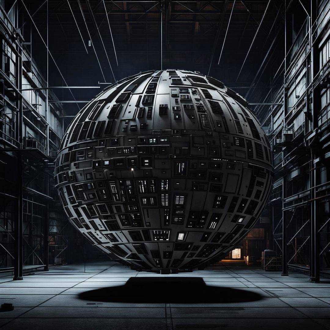 Extremely intricate 3D Japanese style sculpture of a Death Star, suspended in an ambient and eerie, industrial-style warehouse, illuminated with a black glow.