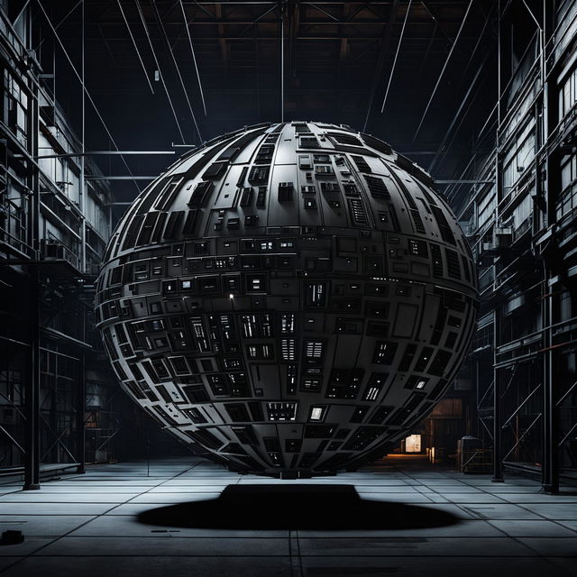 Extremely intricate 3D Japanese style sculpture of a Death Star, suspended in an ambient and eerie, industrial-style warehouse, illuminated with a black glow.