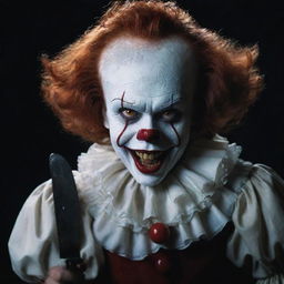 Pennywise the Clown adjacent to a vampire girl, her face adorned with an enigmatic smile as she deftly holds a gleaming knife.