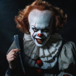 Pennywise the Clown adjacent to a vampire girl, her face adorned with an enigmatic smile as she deftly holds a gleaming knife.