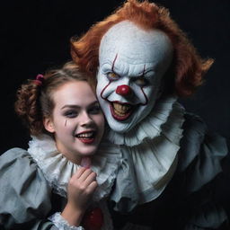 Pennywise the Clown adjacent to a vampire girl, her face adorned with an enigmatic smile as she deftly holds a gleaming knife.