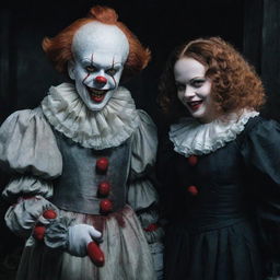 Pennywise the Clown standing next to a smiling vampire girl who's holding a gleaming knife, both exuding an unsettling charm.