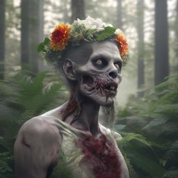 A placid, hyper-realistic image of a grey-skinned zombie with a flower headpiece and flower in one eye-socket, the other eye cloudy, in the quiet serenity of a forest.