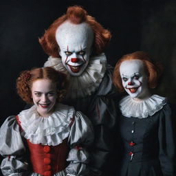 Pennywise the Clown standing next to a smiling vampire girl who's holding a gleaming knife, both exuding an unsettling charm.