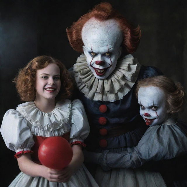 Pennywise the Clown standing next to a smiling vampire girl who's holding a gleaming knife, both exuding an unsettling charm.