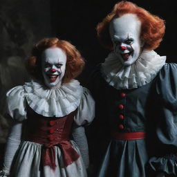 Pennywise the Clown standing next to a smiling vampire girl who's holding a gleaming knife, both exuding an unsettling charm.