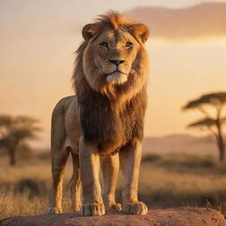 Simba, the iconic courageous lion from The Lion King, standing majestically with proud eyes and a confident expression in a beautiful African savannah setting, bathed in golden sunset light.