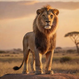 Simba, the iconic courageous lion from The Lion King, standing majestically with proud eyes and a confident expression in a beautiful African savannah setting, bathed in golden sunset light.