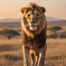 Simba, the iconic courageous lion from The Lion King, standing majestically with proud eyes and a confident expression in a beautiful African savannah setting, bathed in golden sunset light.