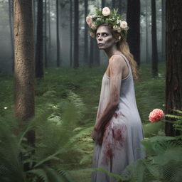 A placid, hyper-realistic image of a grey-skinned zombie with a flower headpiece and grey eyes, situated calmly in a forest while a woman unknowingly hangs laundry in the distance.