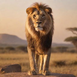 Simba, the iconic courageous lion from The Lion King, standing majestically with proud eyes and a confident expression in a beautiful African savannah setting, bathed in golden sunset light.