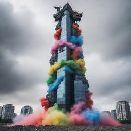 A colourful skyscraper adorned with dragons, the building itself an architectural masterpiece of black and white pebbles. It stands in a vast, empty landscape, surrounded by swirling technicolor smoke under mysterious low clouds.