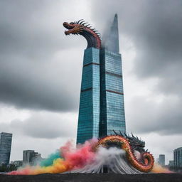 A colourful skyscraper adorned with dragons, the building itself an architectural masterpiece of black and white pebbles. It stands in a vast, empty landscape, surrounded by swirling technicolor smoke under mysterious low clouds.