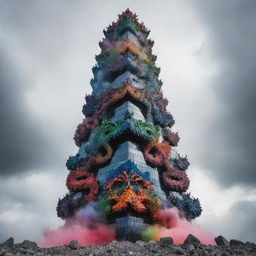 A colourful skyscraper adorned with dragons, the building itself an architectural masterpiece of black and white pebbles. It stands in a vast, empty landscape, surrounded by swirling technicolor smoke under mysterious low clouds.