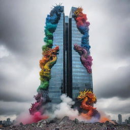 A colourful skyscraper adorned with dragons, the building itself an architectural masterpiece of black and white pebbles. It stands in a vast, empty landscape, surrounded by swirling technicolor smoke under mysterious low clouds.