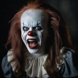 Visualize Pennywise the Clown in the company of a vampire girl, her long hair flowing wildly whilst releasing a piercing scream.