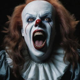 Visualize Pennywise the Clown in the company of a vampire girl, her long hair flowing wildly whilst releasing a piercing scream.