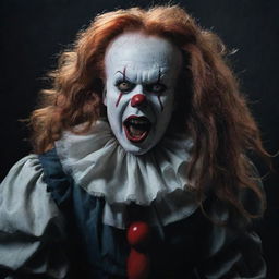 Visualize Pennywise the Clown in the company of a vampire girl, her long hair flowing wildly whilst releasing a piercing scream.