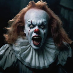 Visualize Pennywise the Clown in the company of a vampire girl, her long hair flowing wildly whilst releasing a piercing scream.