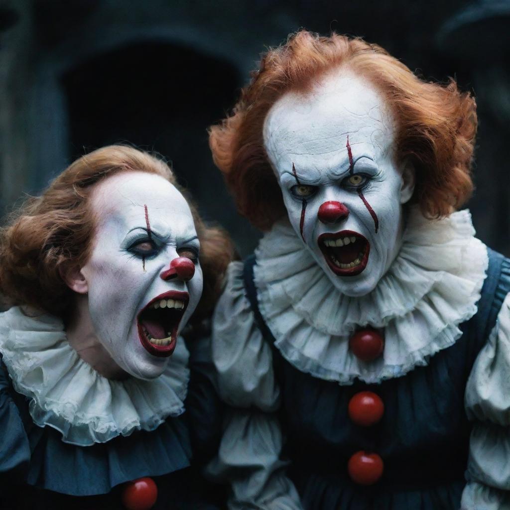 Pennywise the Clown alongside a vampire girl, her pale face twisted into a horrifying scream, creating a scene of chilling terror.