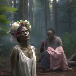 A placid, hyper-realistic image of a grey-skinned zombie with a flower headpiece and grey eyes, situated calmly in a forest while a woman unknowingly hangs laundry in the distance.