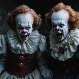 Pennywise the Clown alongside a vampire girl, her pale face twisted into a horrifying scream, creating a scene of chilling terror.