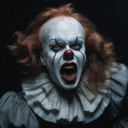 Pennywise the Clown alongside a vampire girl, her pale face twisted into a horrifying scream, creating a scene of chilling terror.