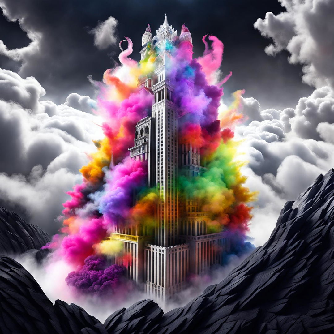 An explosion of colours in a skyscraper adorned with mythical dragons. The building, a black and white pebble masterpiece, stands strikingly in a huge landscape, engulfed in a dazzling display of technicolor smoke under the shroud of ambient low clouds.